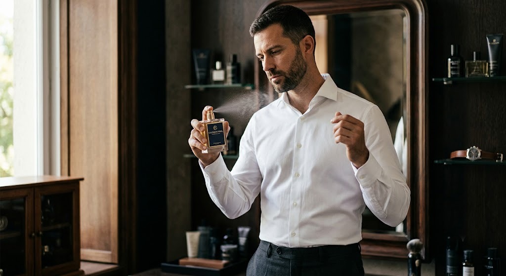Hombre aplicándose un perfume Ares Essence