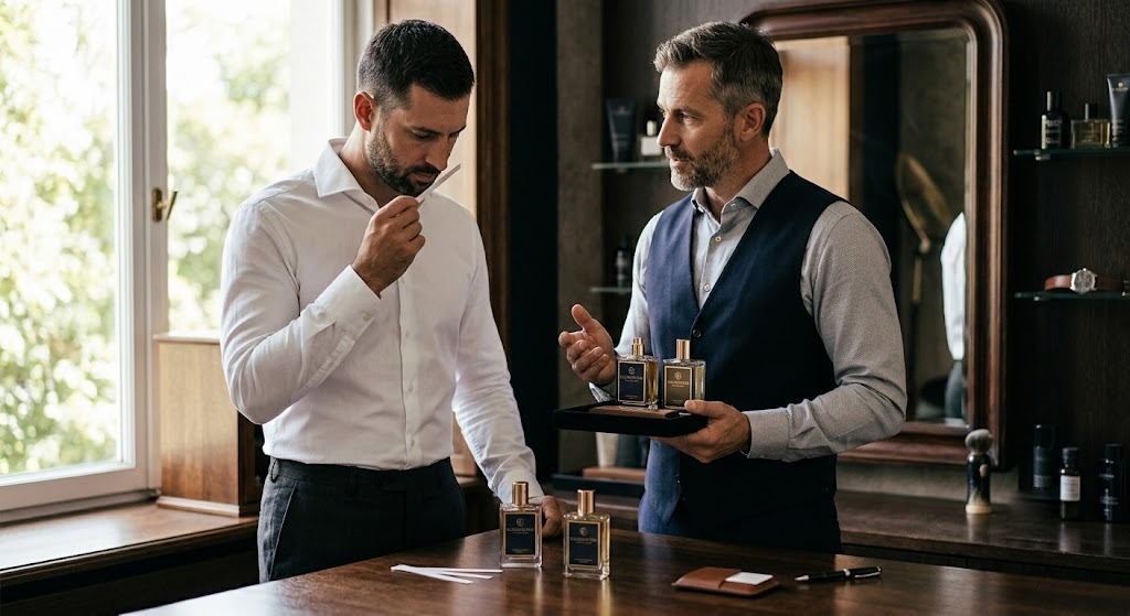 Dos hombres probando fragancias Ares Essence